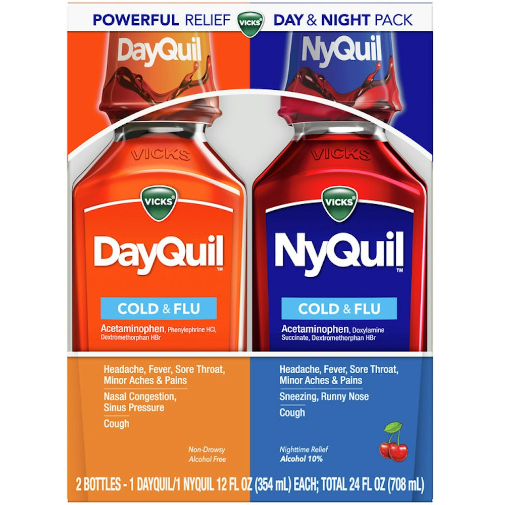 Vicks DayQuil & NyQuil Cold & Flu Relief Liquid, Day & Night Pack, 2 x 12 fl oz