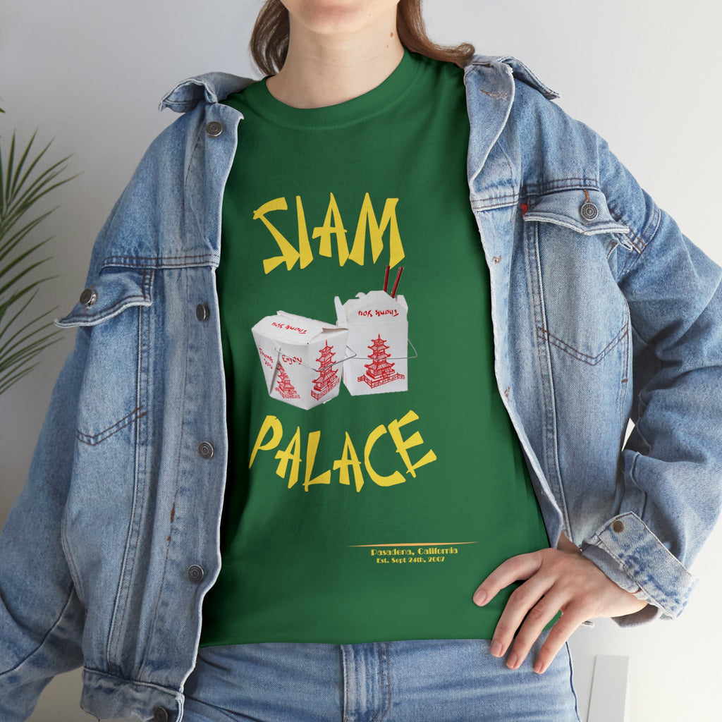 "DirkyThreadz Siam Palace T-Shirt – Mutiges Take-out-Grafikdesign aus schwarzer Baumwolle"