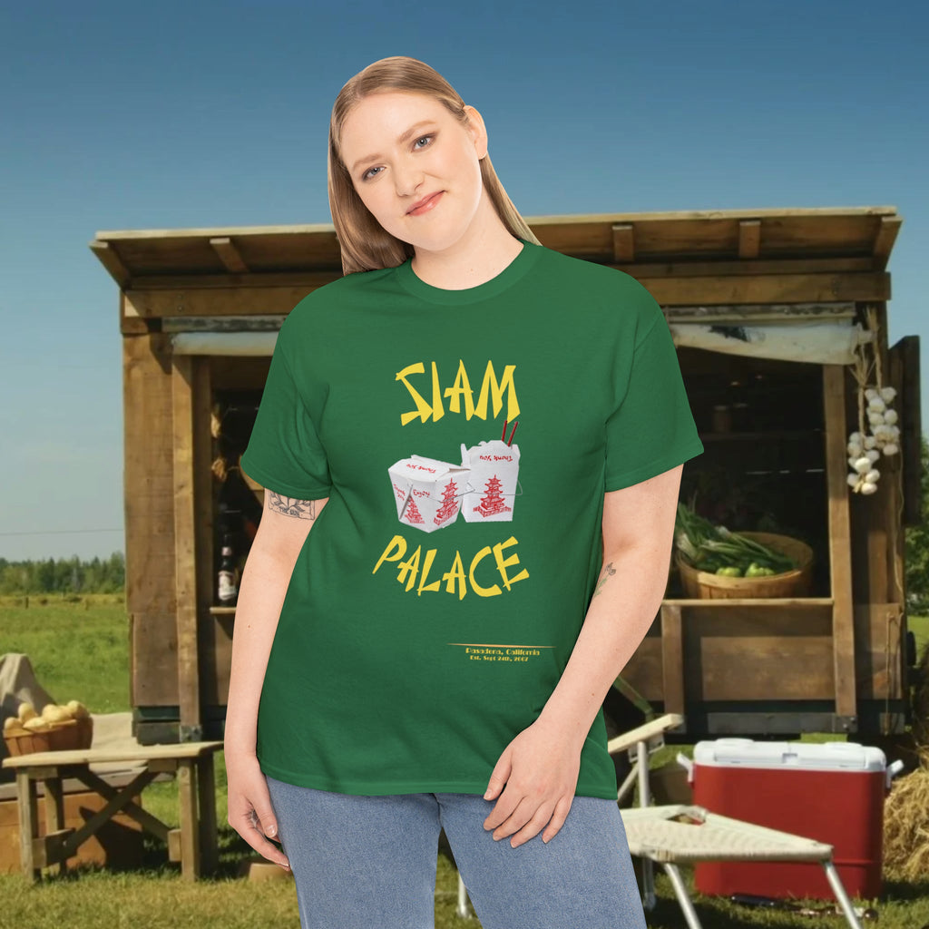 "DirkyThreadz Siam Palace T-Shirt – Mutiges Take-out-Grafikdesign aus schwarzer Baumwolle"