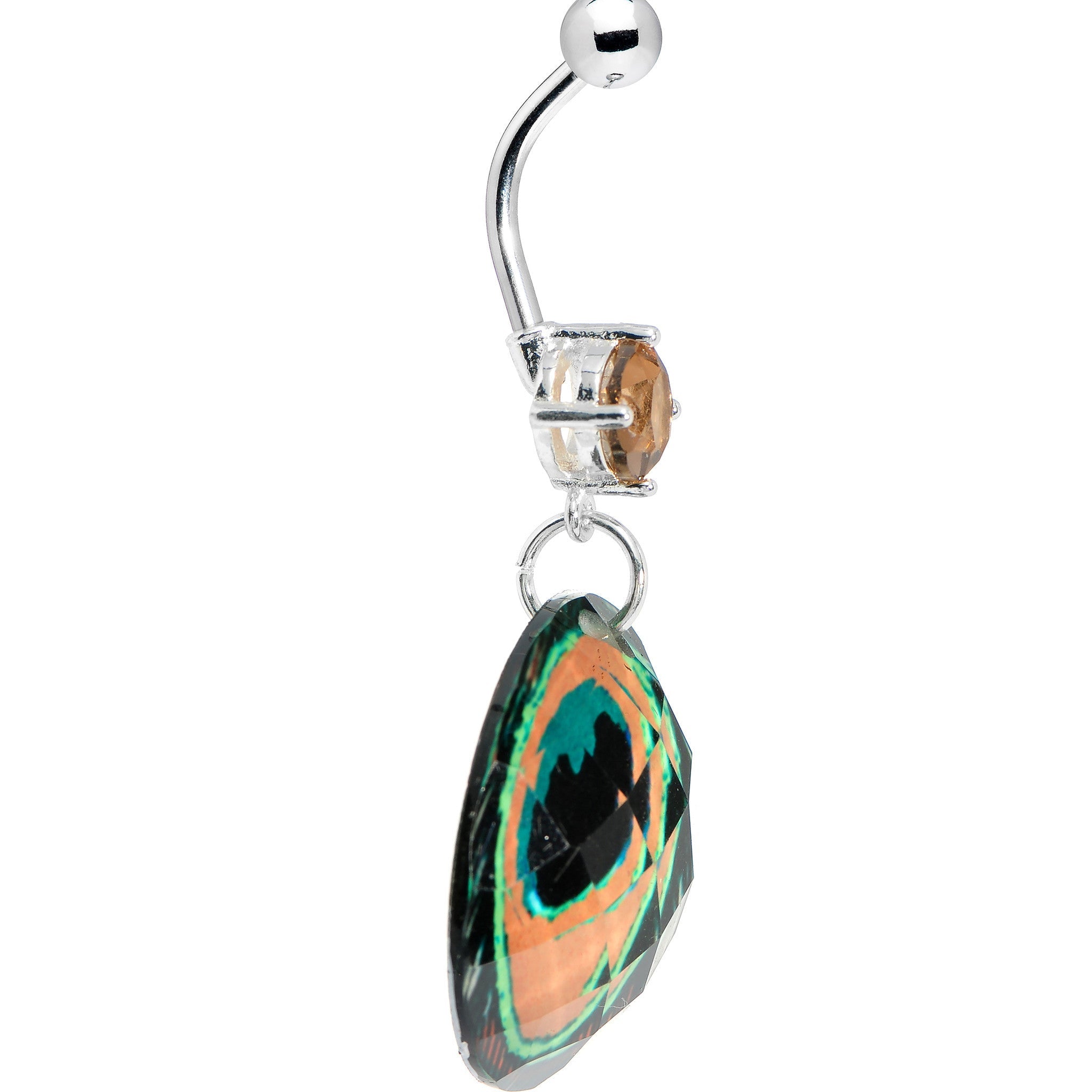 Faceted Gem Peacock Feather Design Belly Ring