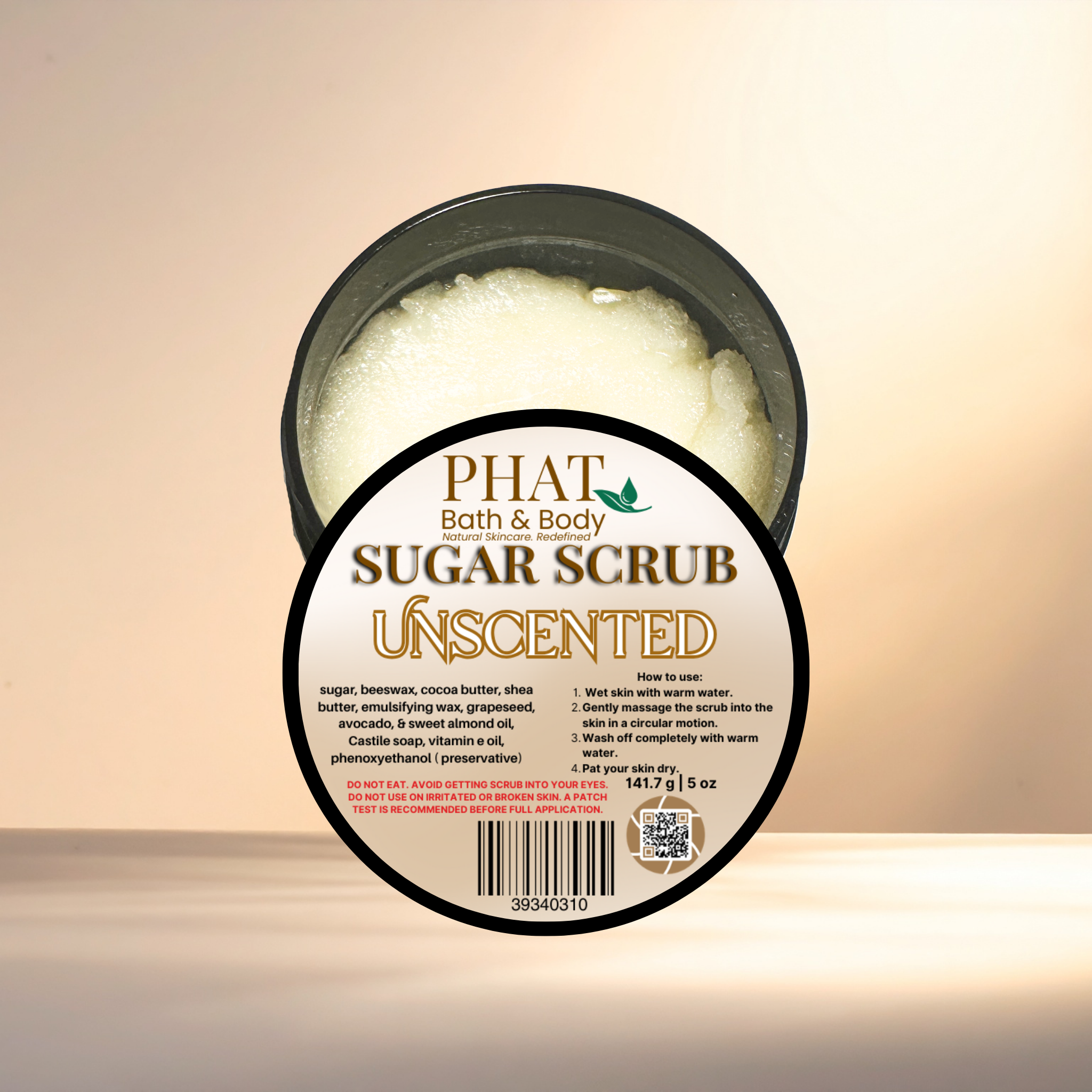 Unscented Whipped Sugar Scrub Fragrance Free with Cocoa Butter | 5 oz