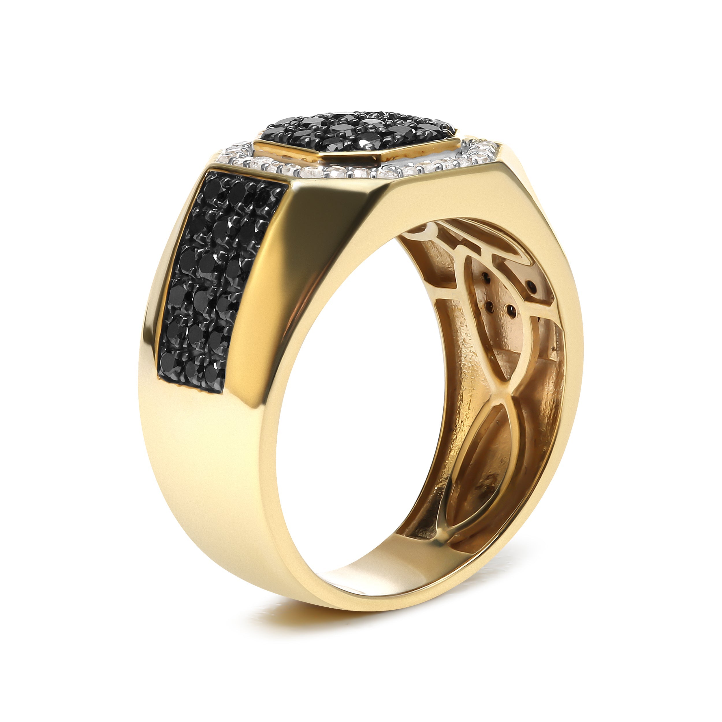 Men's 10K Yellow Gold 1 1/4 Cttw White and Treated Black Diamond Octagonal Halo Band Ring (I-J Color, I2-I3 Clarity) - Ring Size 10