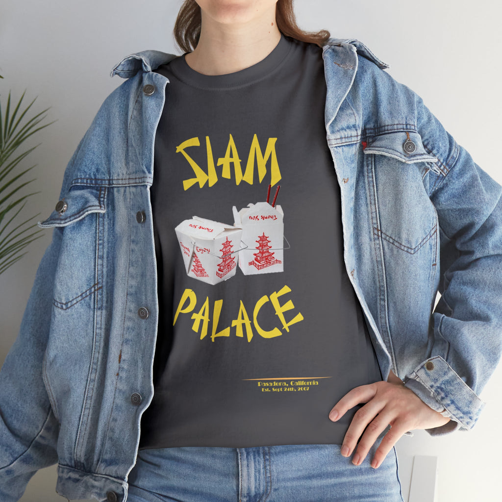 "DirkyThreadz Siam Palace T-Shirt – Mutiges Take-out-Grafikdesign aus schwarzer Baumwolle"