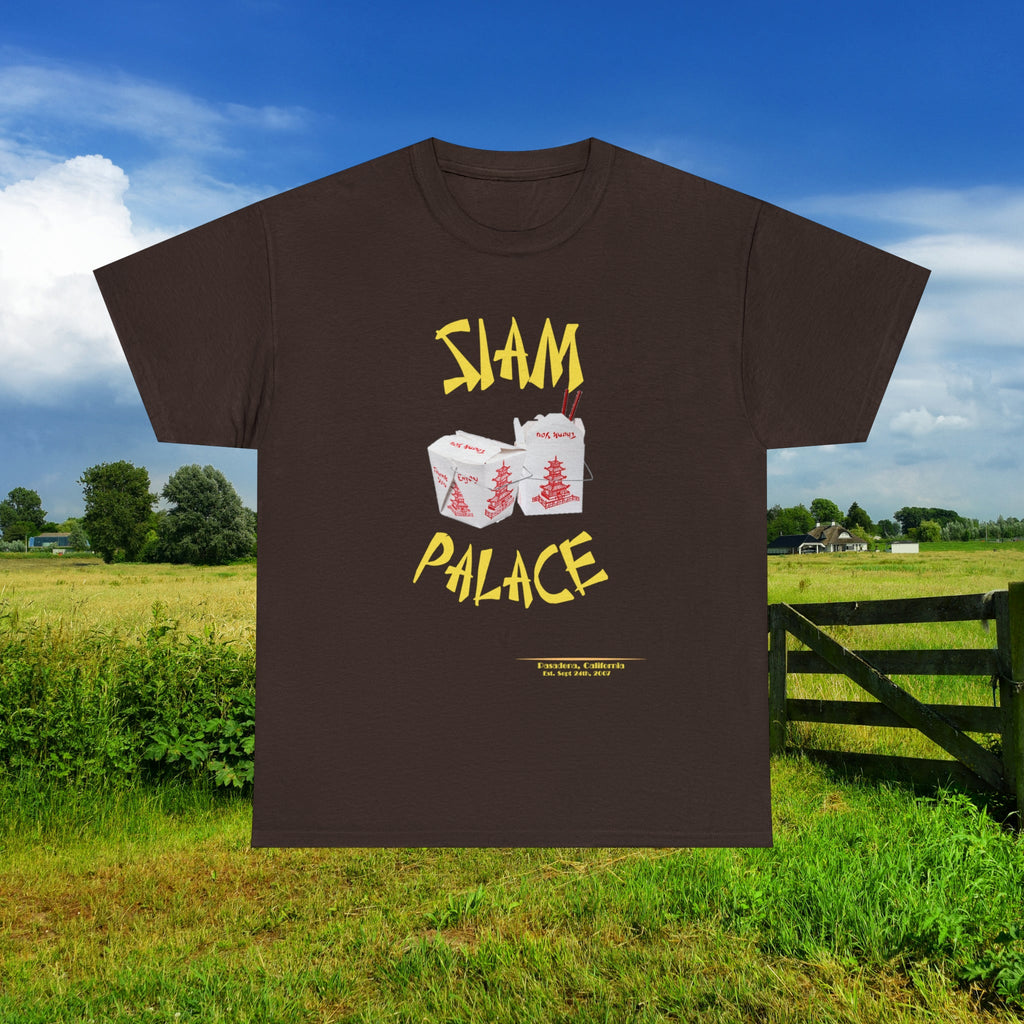 "DirkyThreadz Siam Palace T-Shirt – Mutiges Take-out-Grafikdesign aus schwarzer Baumwolle"