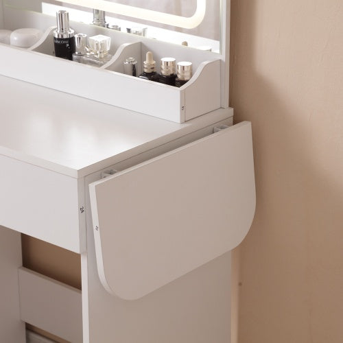 Schminktisch mit beleuchtetem Spiegel und Steckdose, Schminktisch mit Schubladen und großem Aufbewahrungsschrank für das Schlafzimmer, 3 Beleuchtungsmodi, einstellbare Helligkeit, Aufbewahrungshocker, Weiß