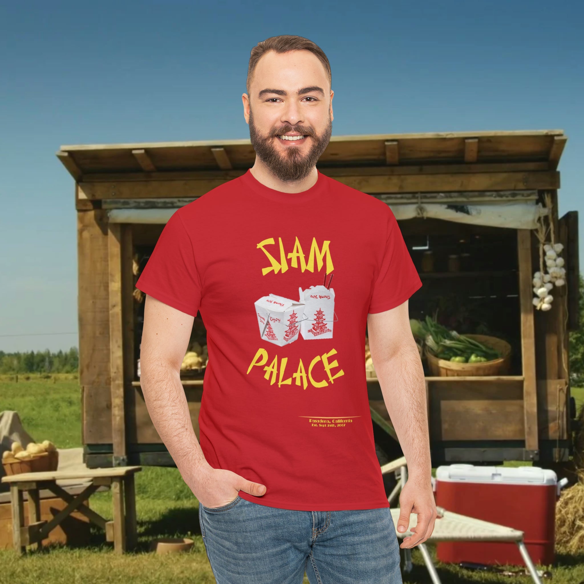 "DirkyThreadz Siam Palace T-Shirt – Mutiges Take-out-Grafikdesign aus schwarzer Baumwolle"