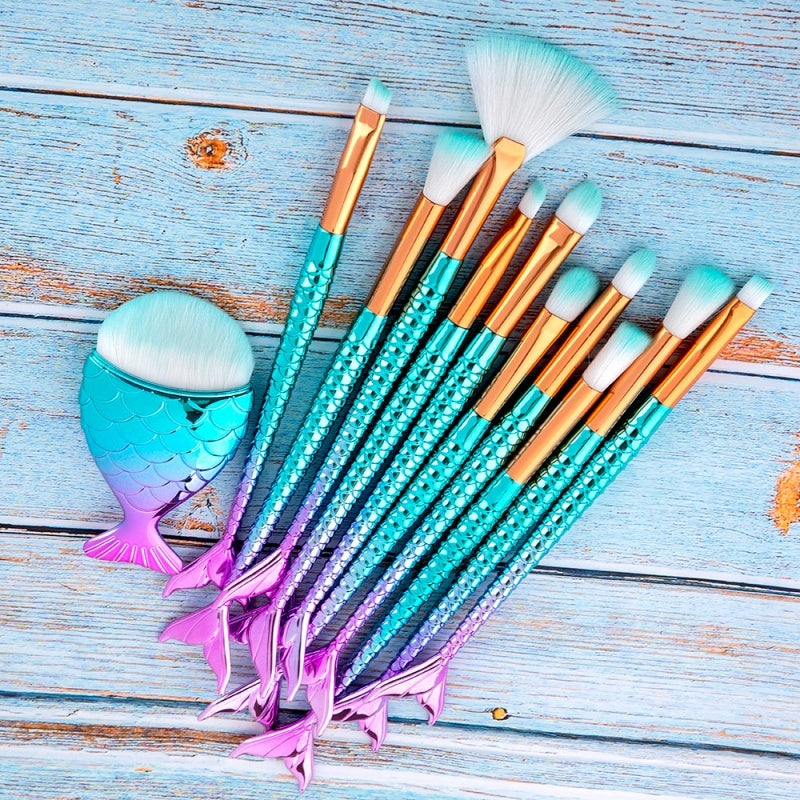 11tlg. Make-up-Pinsel-Set Maquiagem Maquillaje Neues Meerjungfrauen-Foundation-Augenbrauen-Eyeliner-Kosmetik-Make-up-Pinselset