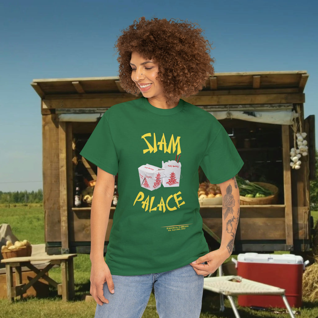 "DirkyThreadz Siam Palace T-Shirt – Mutiges Take-out-Grafikdesign aus schwarzer Baumwolle"