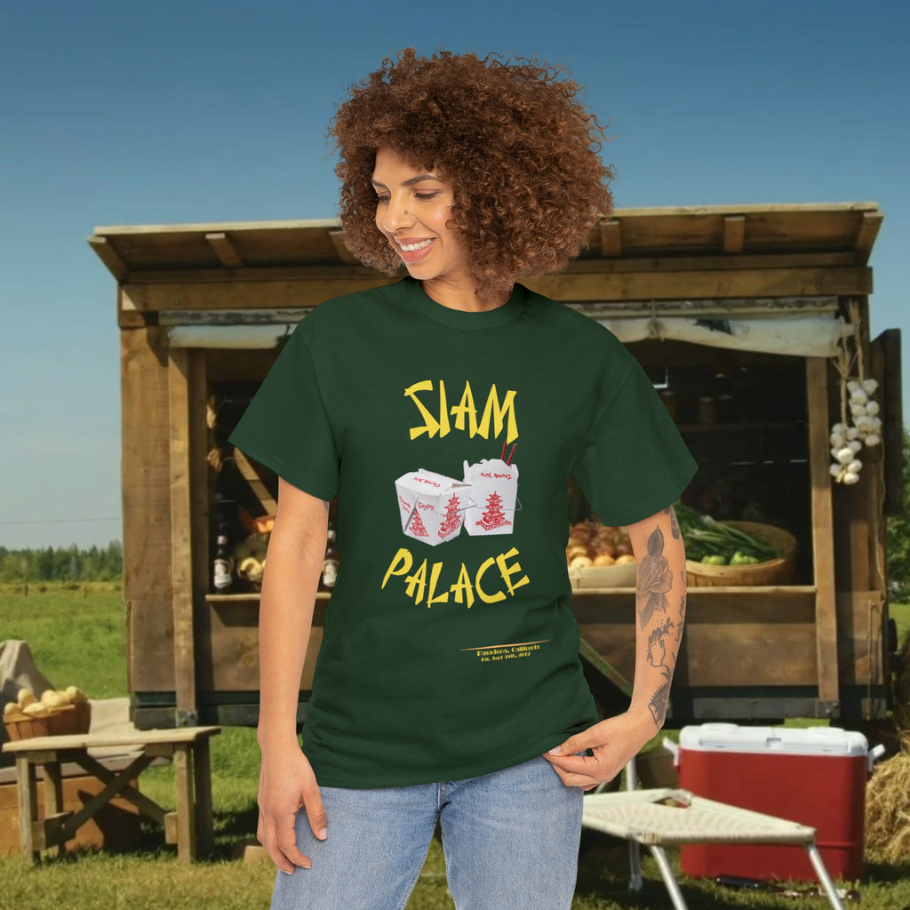 "DirkyThreadz Siam Palace T-Shirt – Mutiges Take-out-Grafikdesign aus schwarzer Baumwolle"