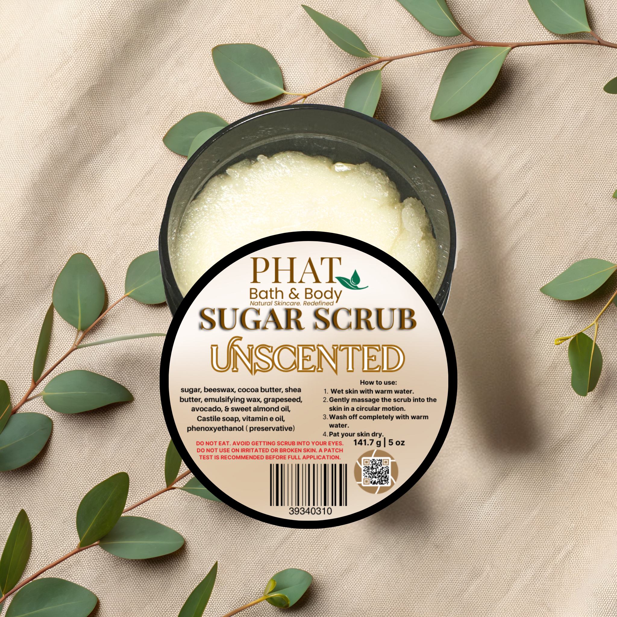 Unscented Whipped Sugar Scrub Fragrance Free with Cocoa Butter | 5 oz