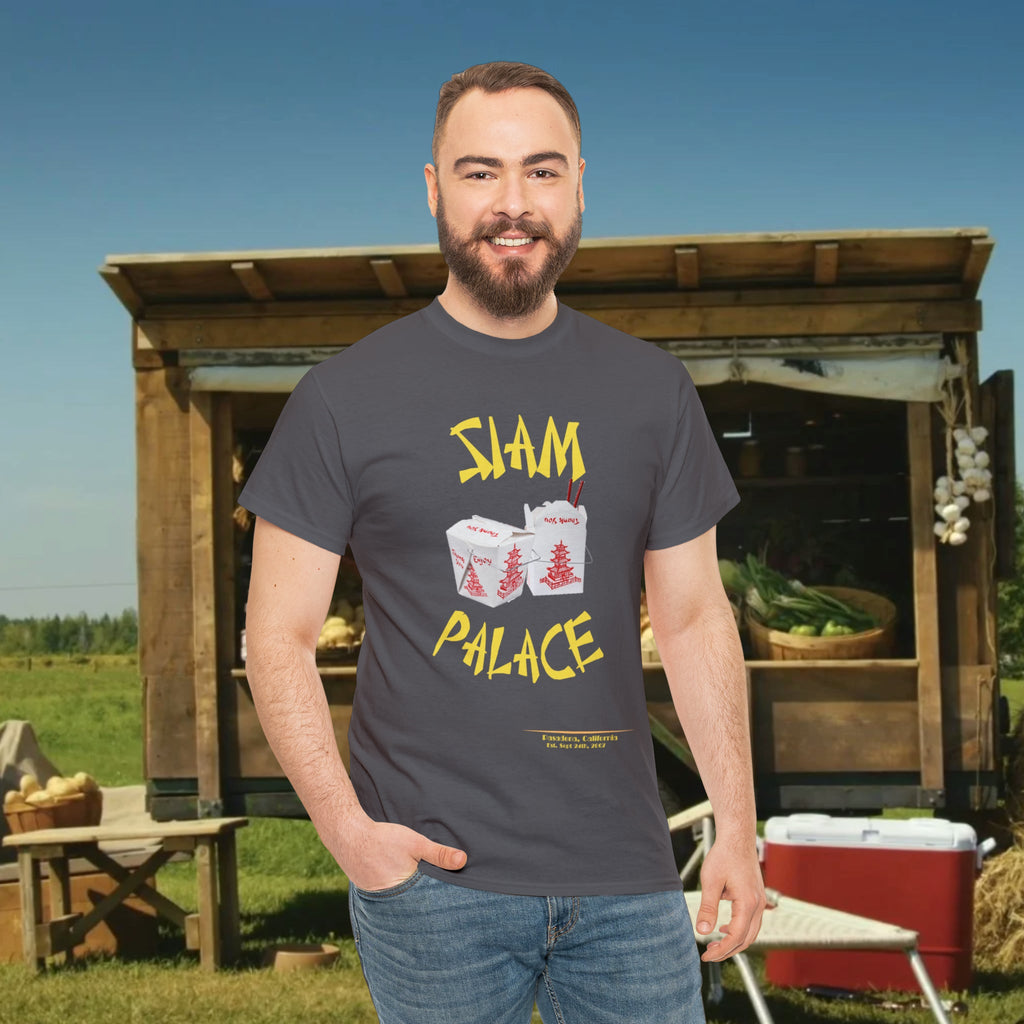 "DirkyThreadz Siam Palace T-Shirt – Mutiges Take-out-Grafikdesign aus schwarzer Baumwolle"