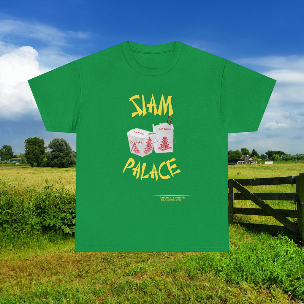 "DirkyThreadz Siam Palace T-Shirt – Mutiges Take-out-Grafikdesign aus schwarzer Baumwolle"