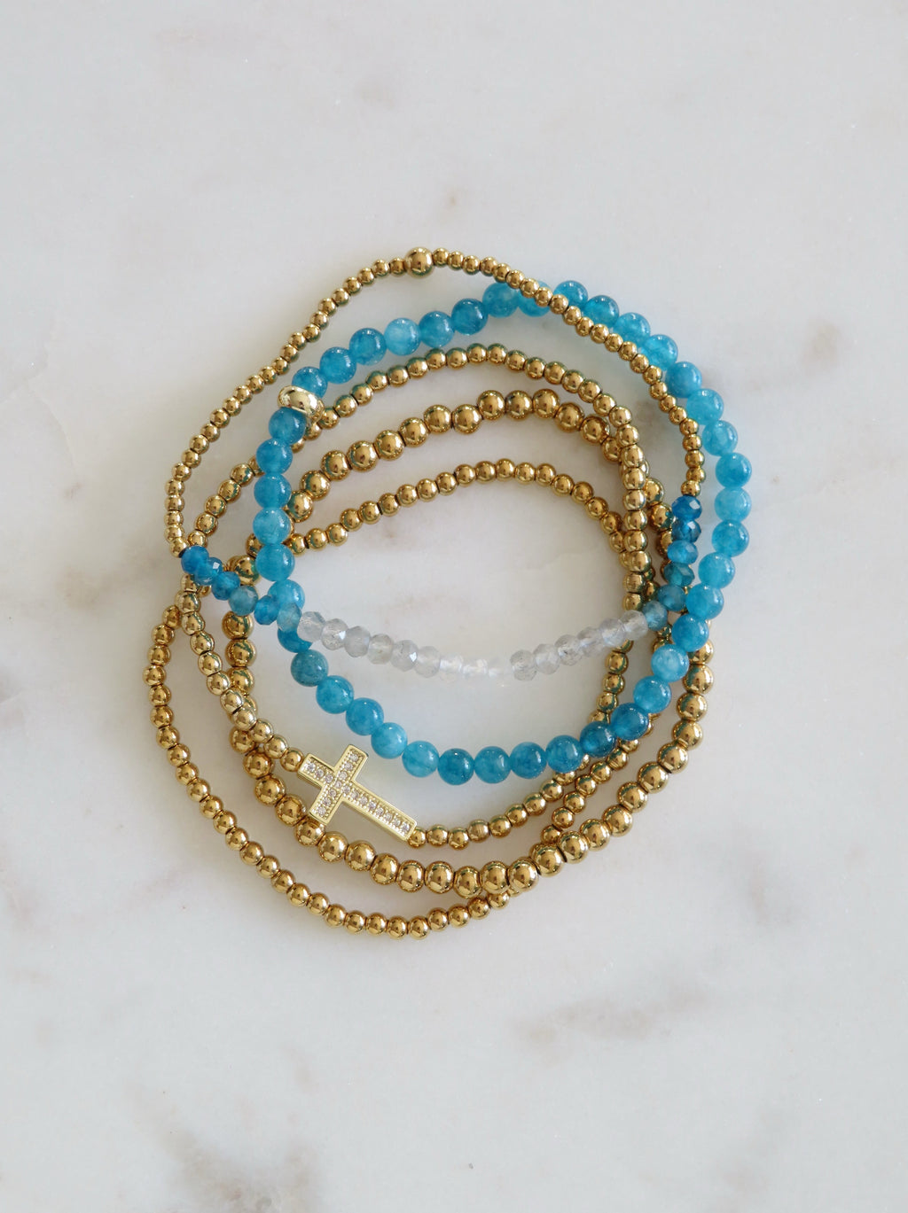 Holy Cross Blue Beaded Bracelet Stack - Set of 5 Waterproof Non-Tarnish