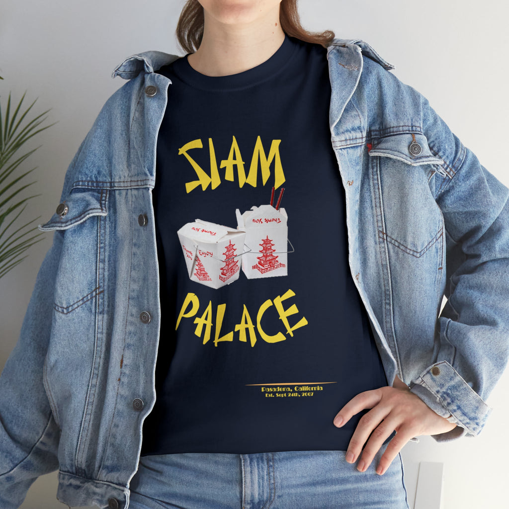 "DirkyThreadz Siam Palace T-Shirt – Mutiges Take-out-Grafikdesign aus schwarzer Baumwolle"