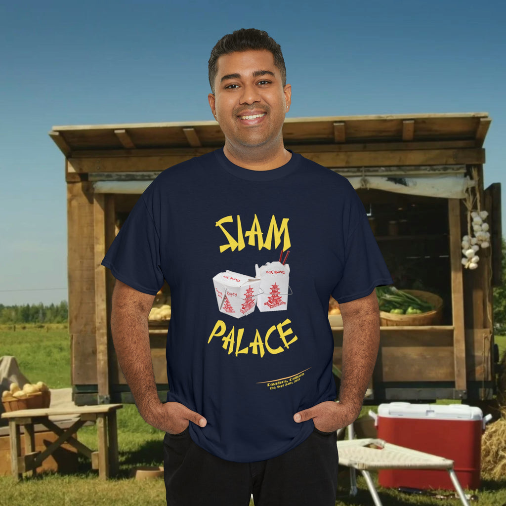"DirkyThreadz Siam Palace T-Shirt – Mutiges Take-out-Grafikdesign aus schwarzer Baumwolle"