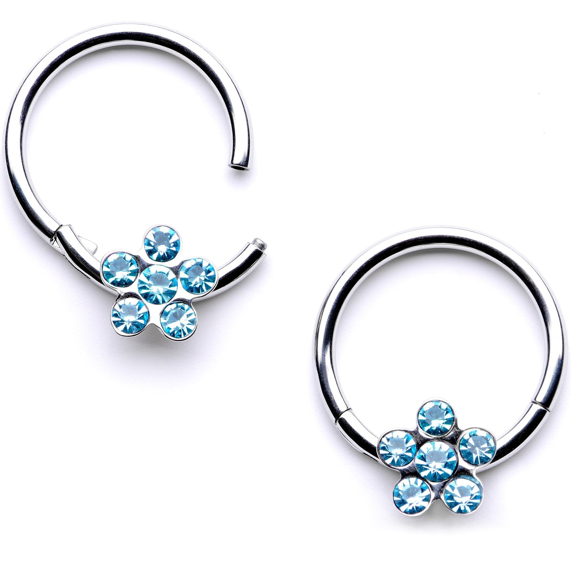 16G 3/8 Aqua Gem Petal Flower Hinged Segment Ring Set