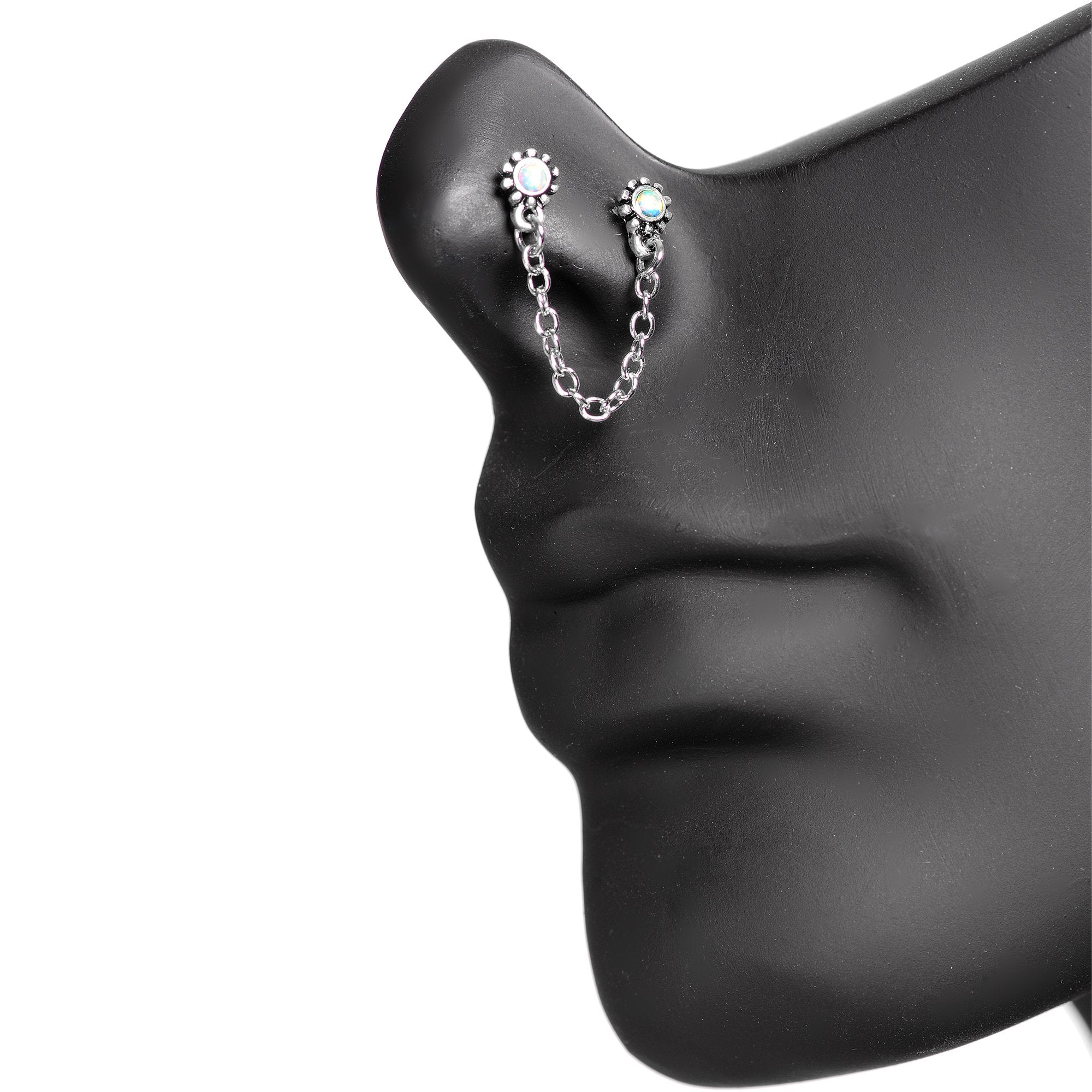20G 1/4 White Synthetic Opal Chain Dangle Double Nose Bone