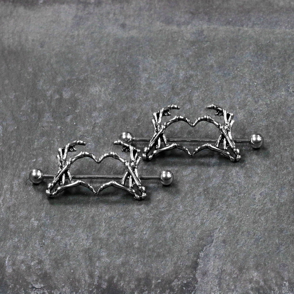 1 1/2 Skeleton Hand Heart Nipple Barbell Shield Set
