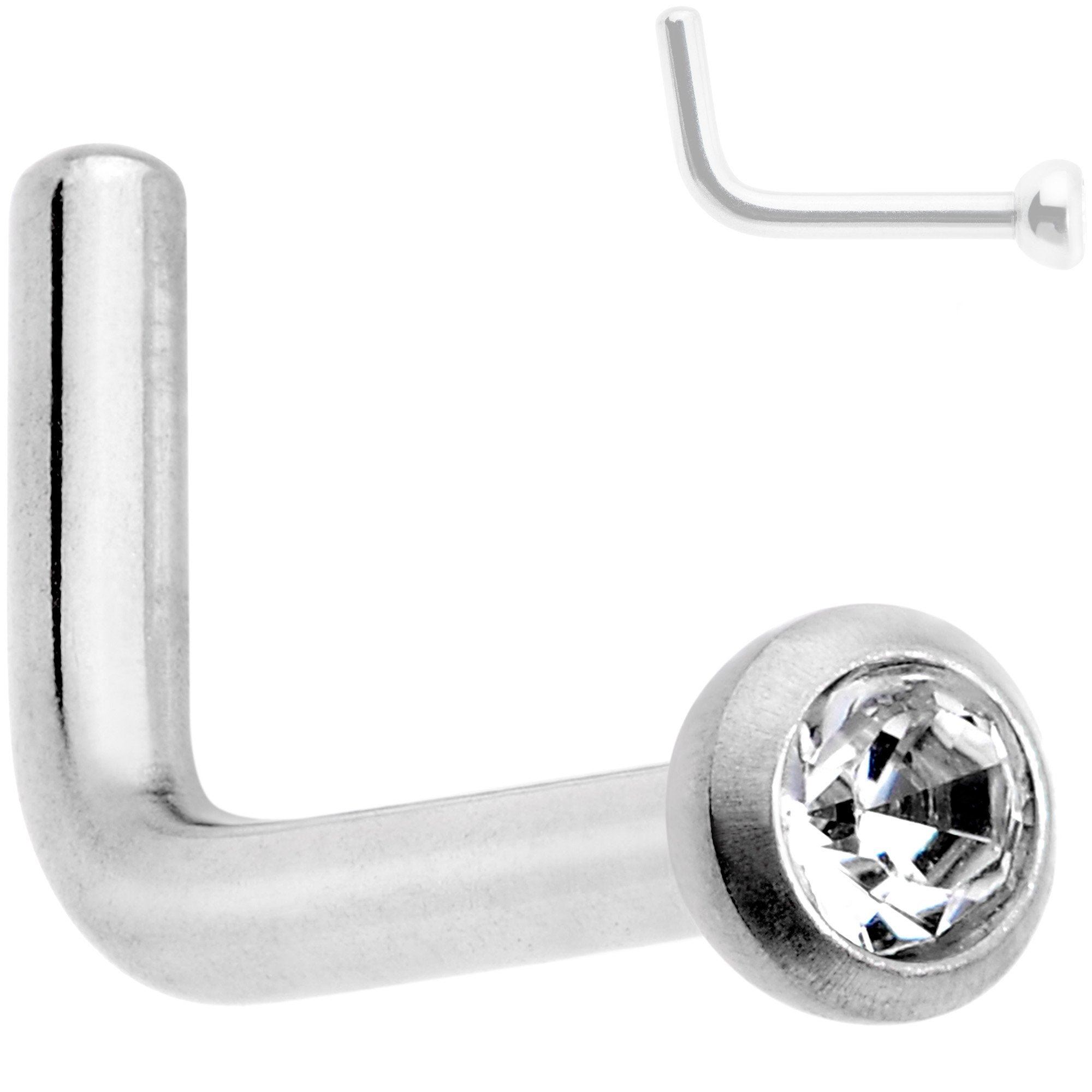 18G Grade 23 Titanium Press Fit CZ Micro Ball L Shaped Nose Ring