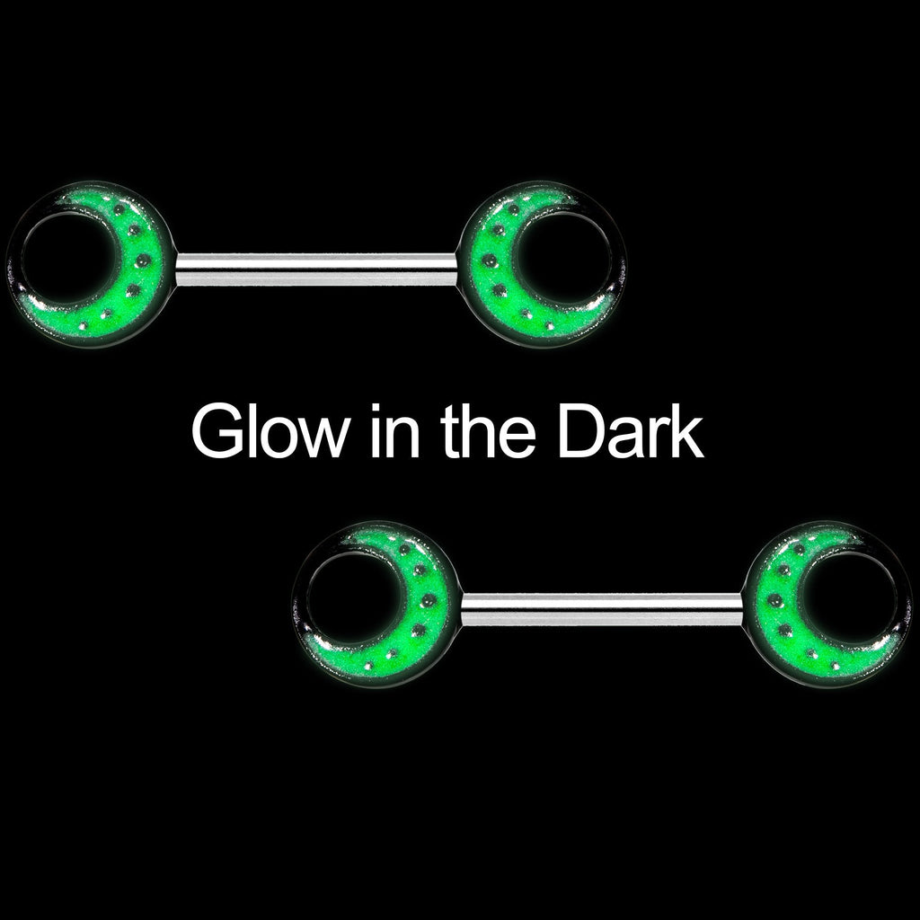 14G 9/16 Glow in the Dark Green Moon Barbell Nipple Ring Set
