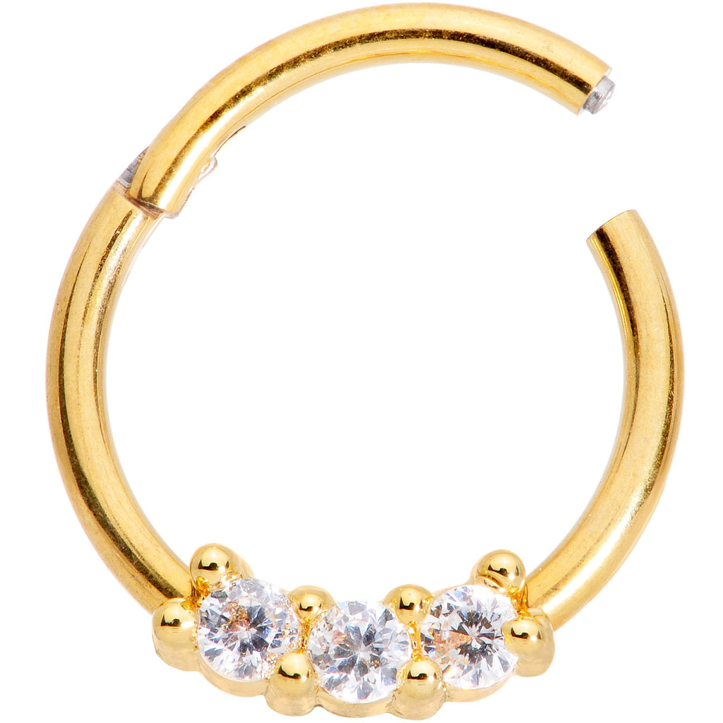 16G 3/8 Clear CZ Gem Gold Tone Trio Hinged Segment Ring