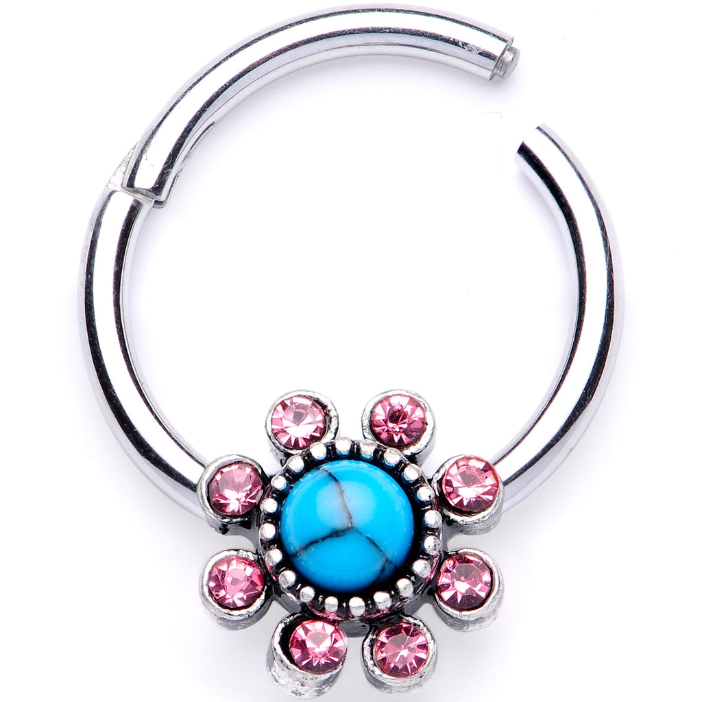 16G 3/8 Pink Gem Faux Turquoise Flower Hinged Segment Ring