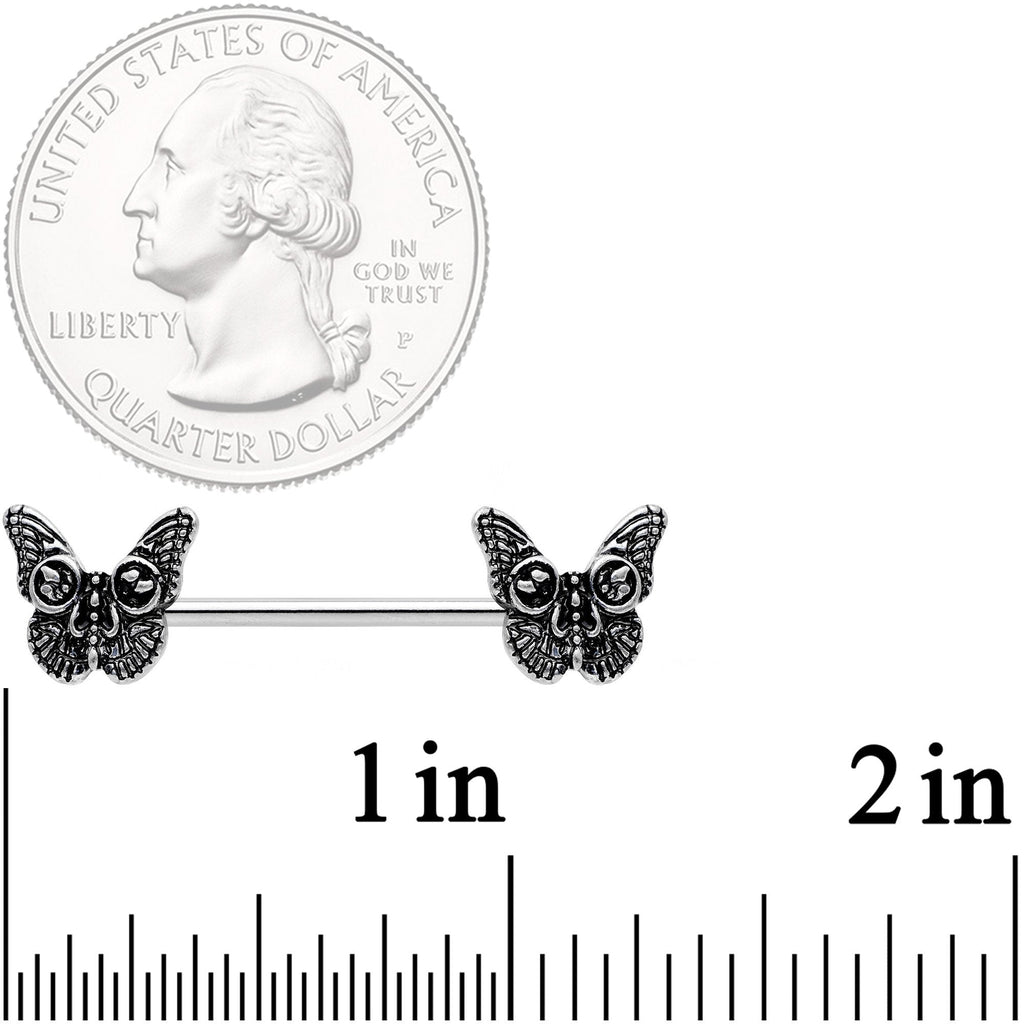 14G 9/16 Death Head Butterfly Barbell Nipple Ring Set