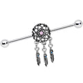 14G Pink Faux Opal Feather Dreamcatcher Dangle Industrial Barbell 38mm