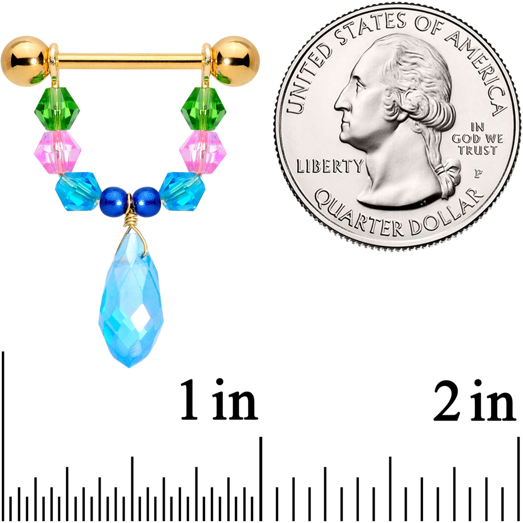 14G 5/8 Blue Pink Green Gem Gold Tone Drop Nipple Ring Set