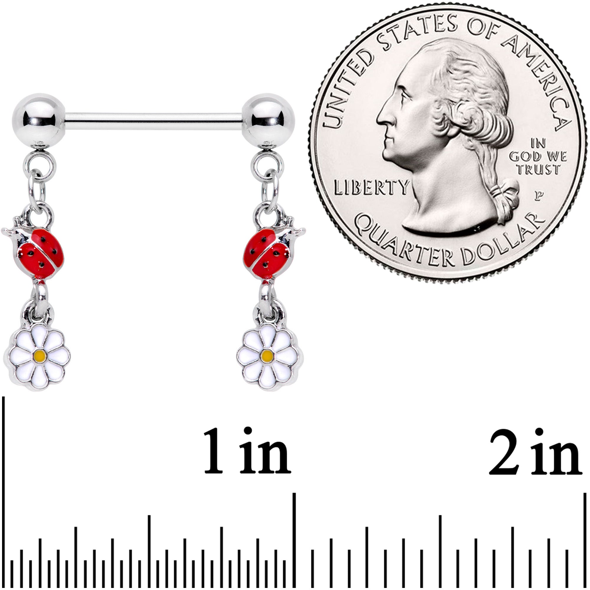 14G 5/8 Red White Ladybug Flower Dangle Barbell Nipple Ring Set