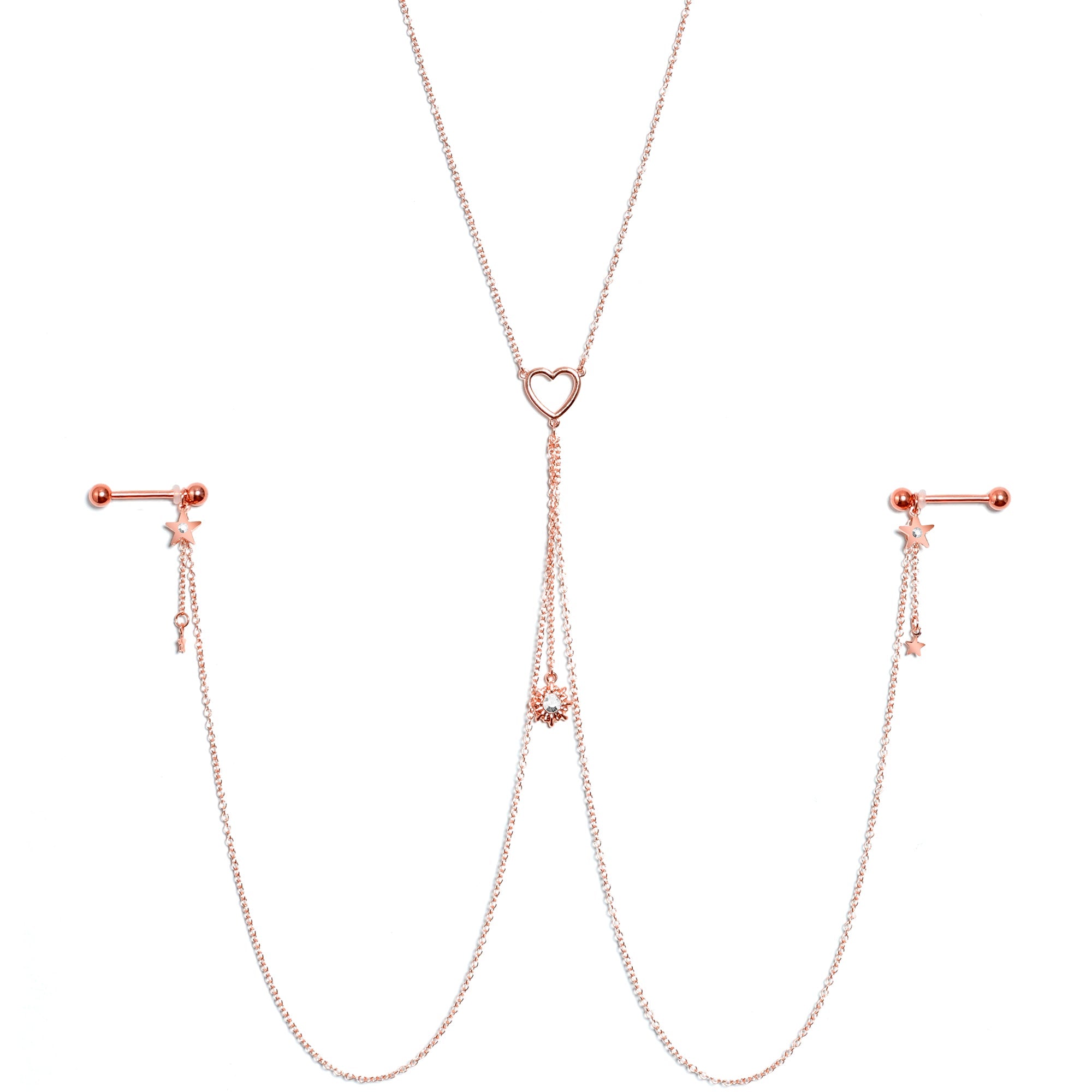 14G 5/8 Clear Gem Rose Gold Hue Star Sun Nipple Chain Necklace