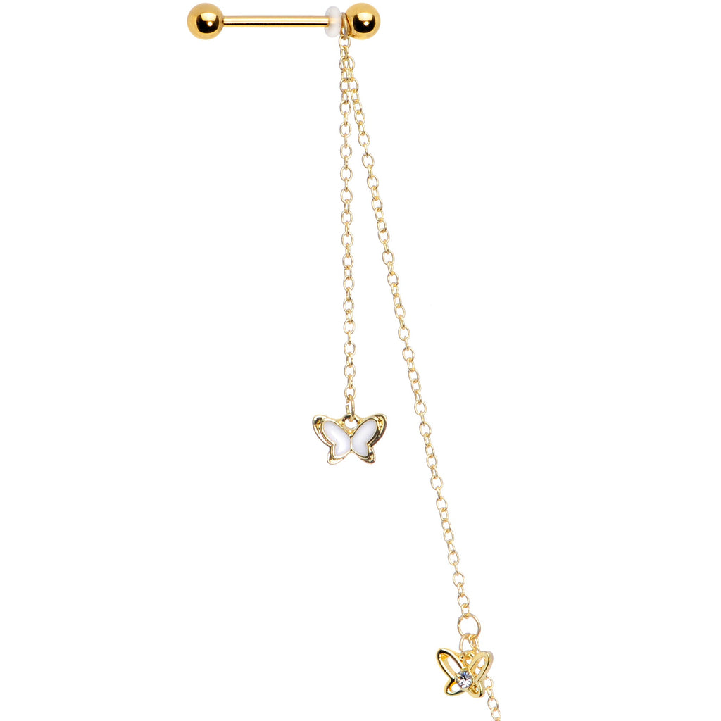 14G 9/16 Clear Gem Gold Tone Butterfly Dangle Nipple Chain