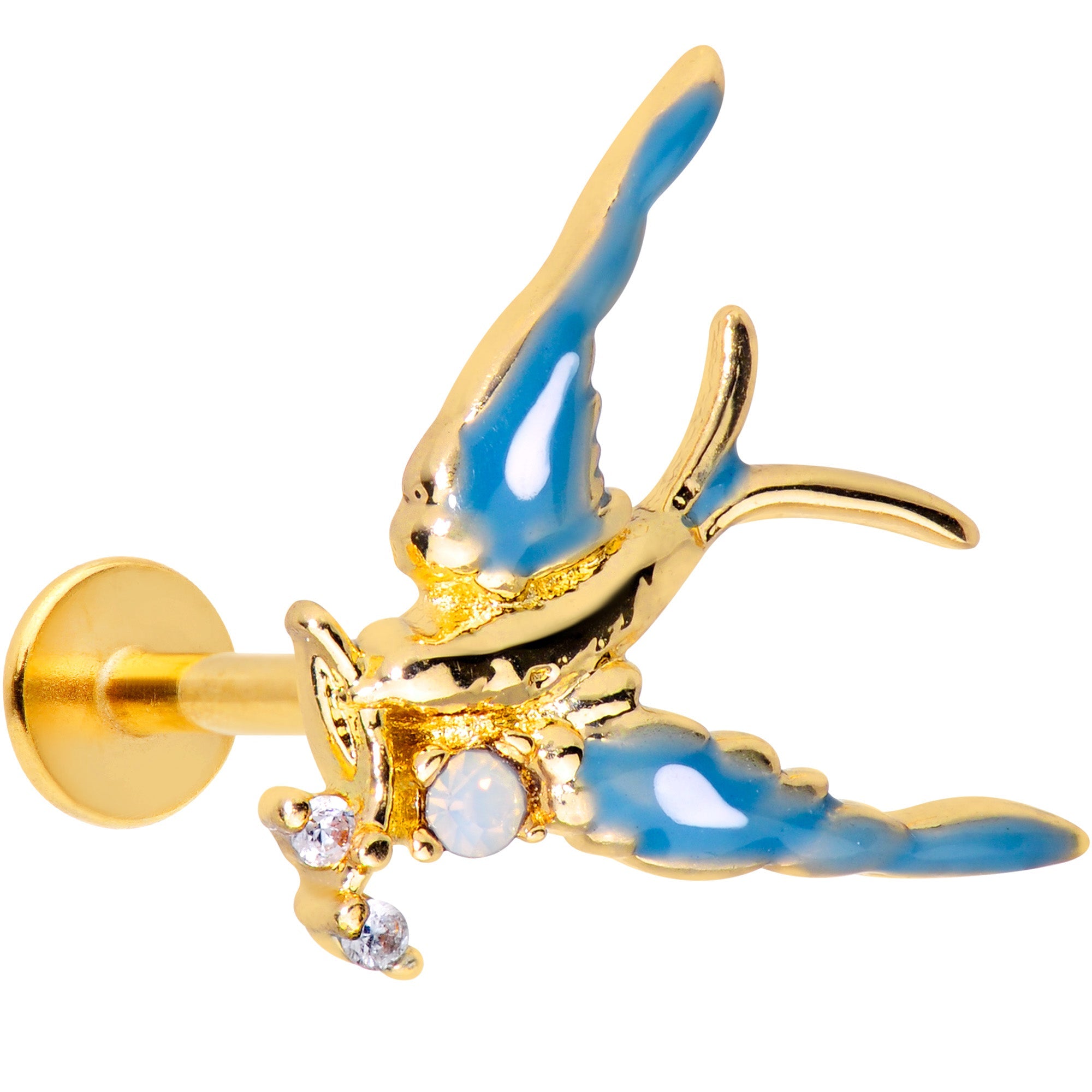 16G 5/16 White Faux Opal Gold Tone Swallow Bird Labret Tragus