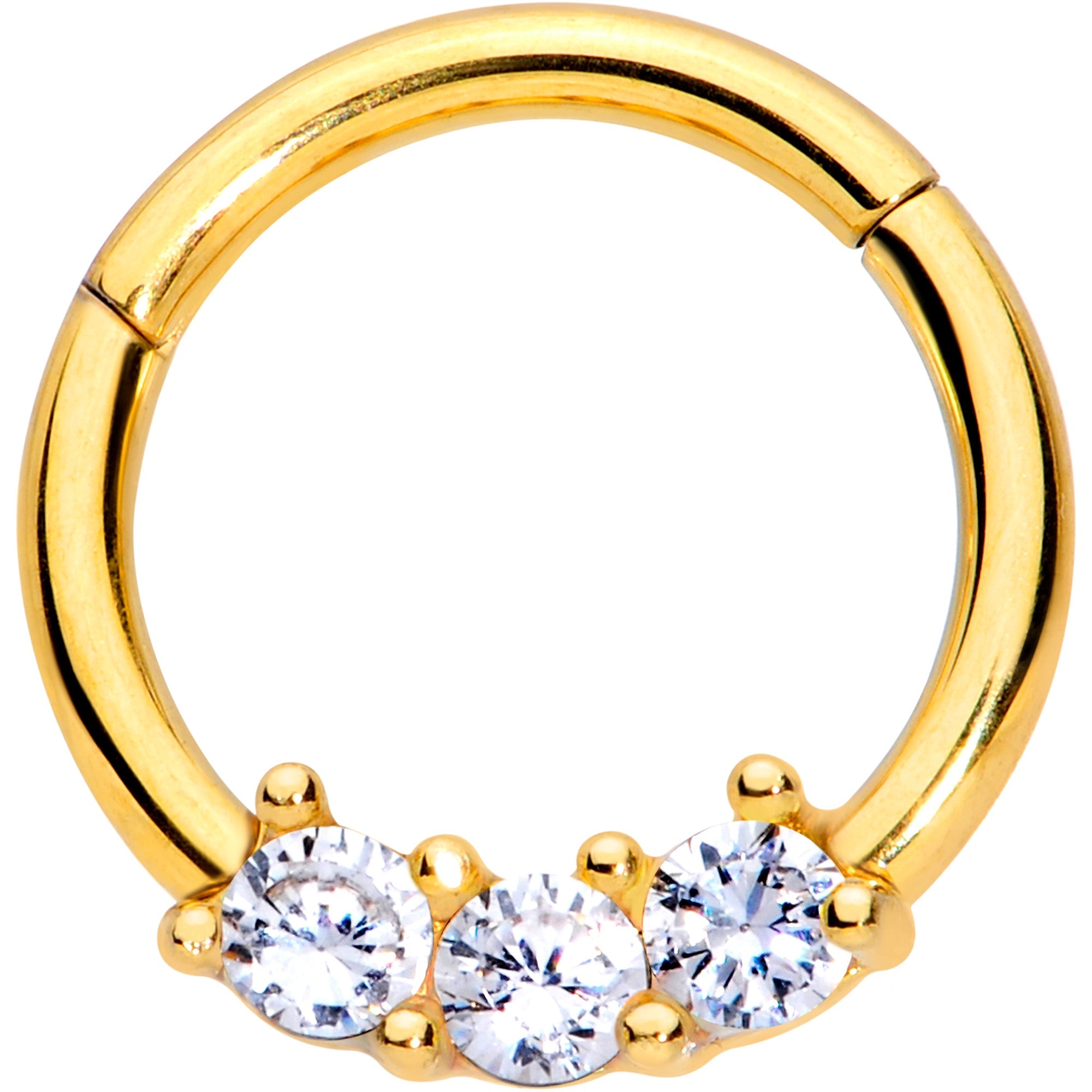16G 5/16 Clear CZ Gem Gold Tone Trio Hinged Segment Ring