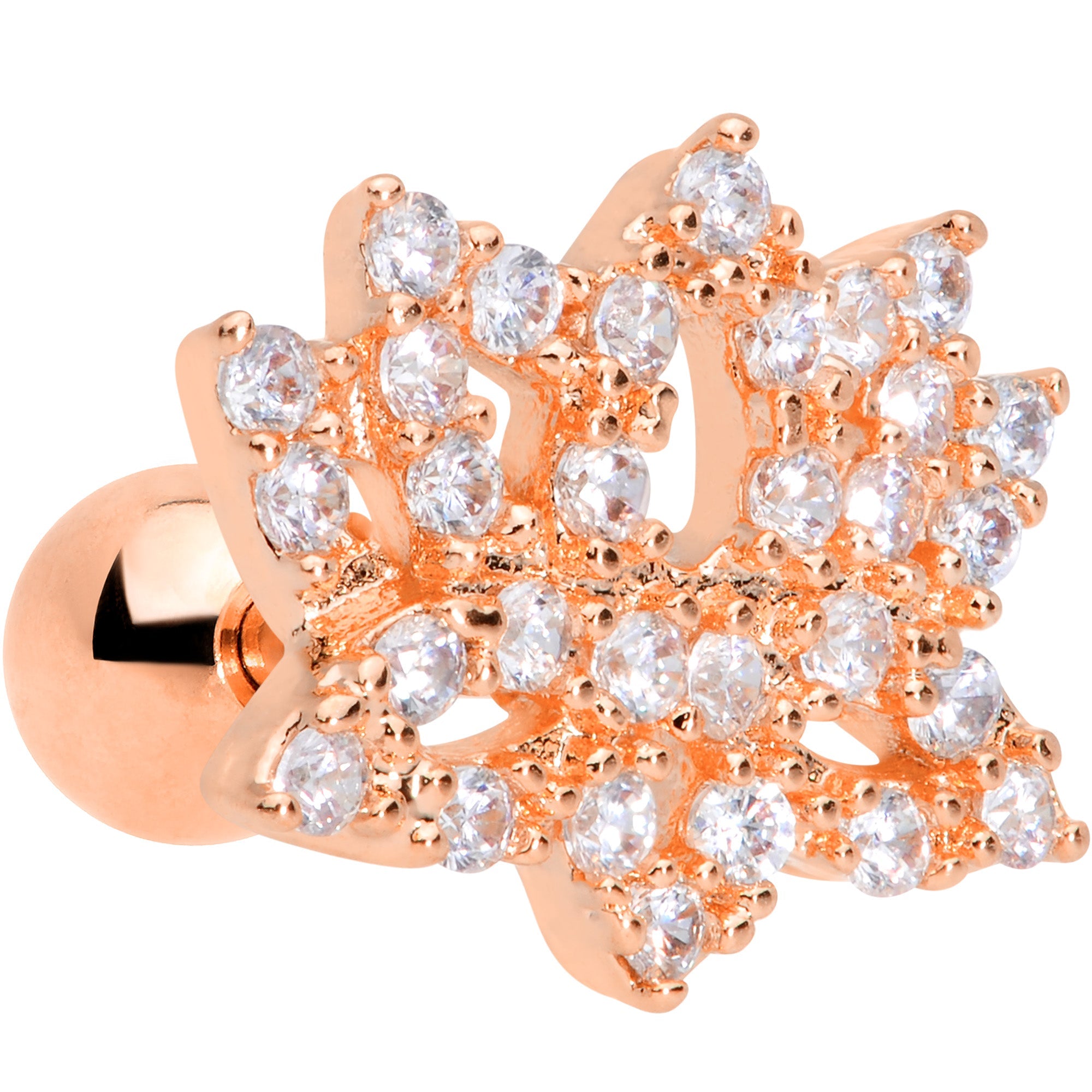 16G 1/4 Clear CZ Gem Rose Gold Tone Lotus Flower Cartilage Tragus