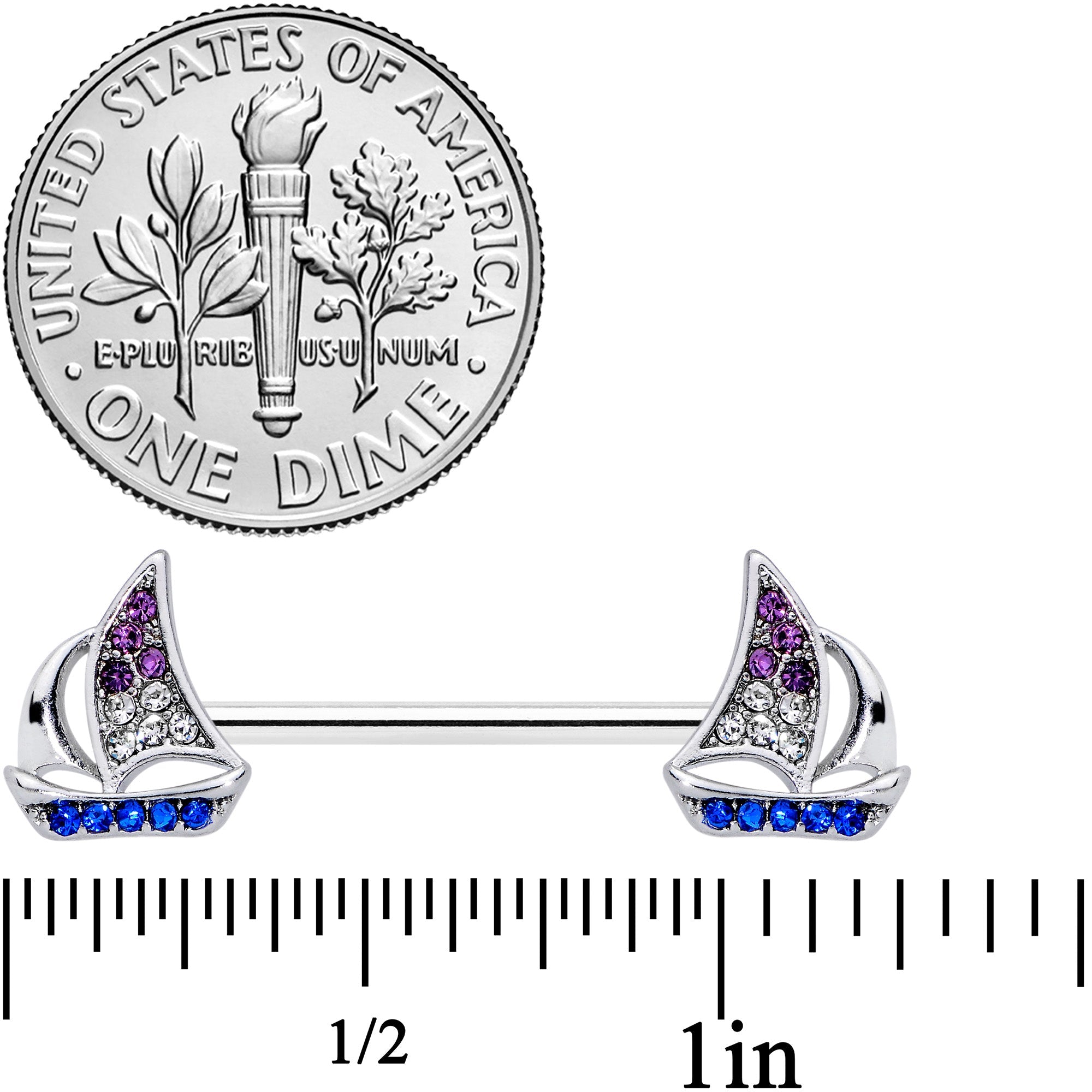 14G 5/8 Blue Purple Clear Gem Sailboat Barbell Nipple Ring Set