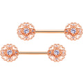 14G 9/16 Clear CZ Gem Rose Gold Hue Heart Barbell Nipple Ring Set