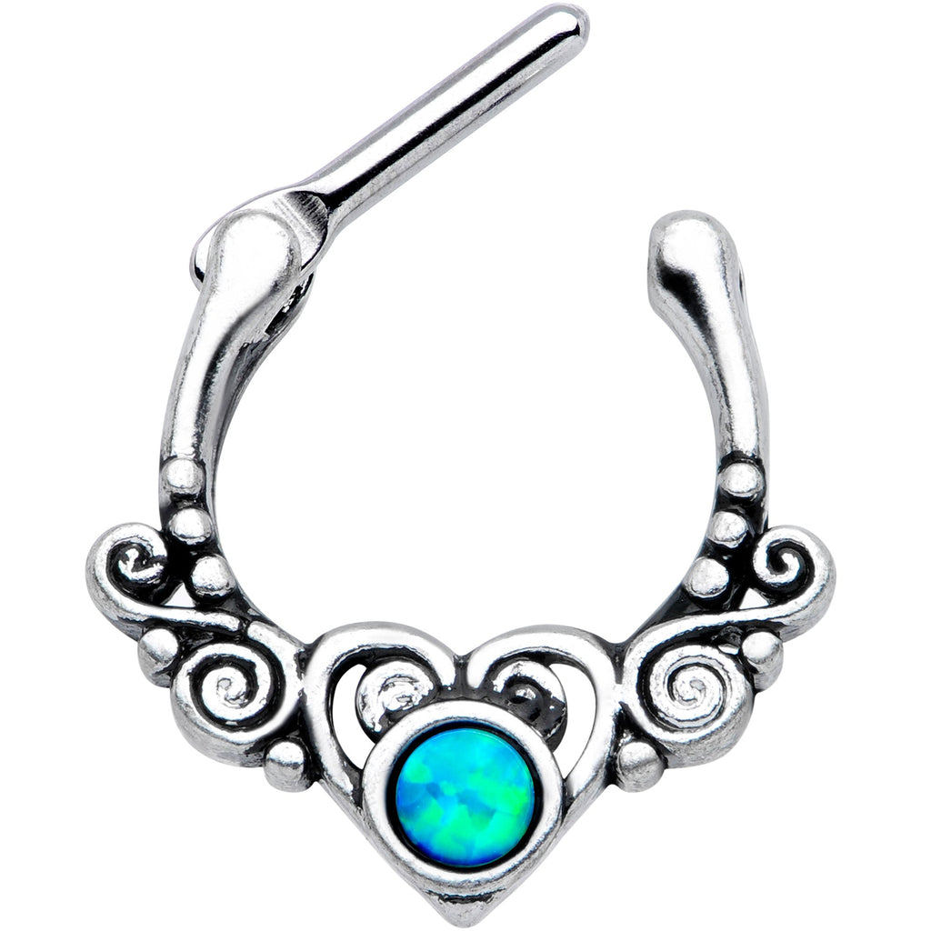 16G 3/8 Green Synthetic Opal Winged Heart Cartilage Clicker