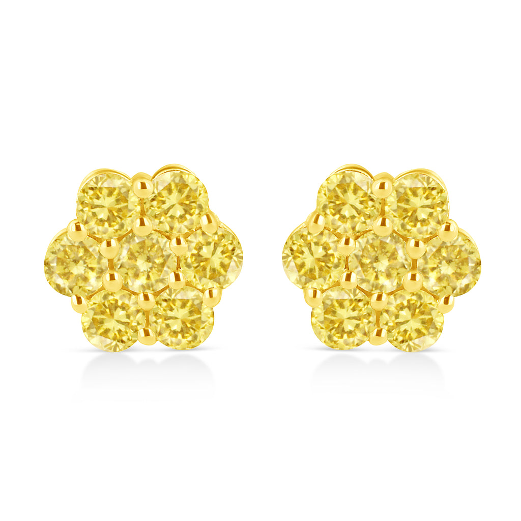 .925 Sterling Silver 1/4 Cttw Treated Yellow Diamond Floral Stud Earrings (Yellow Color, I1-I2 Clarity)