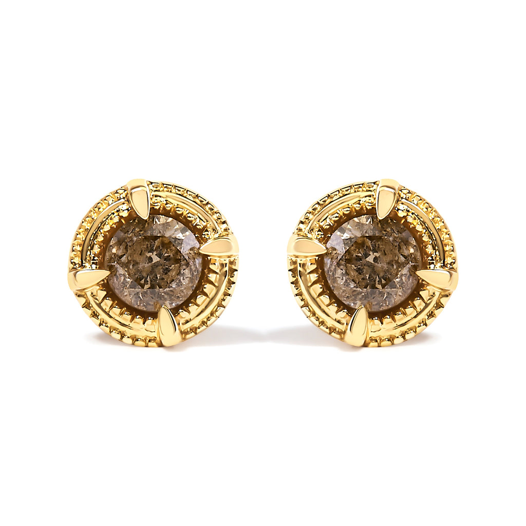 14K Yellow Gold Plated .925 Sterling Silver 1.0 Cttw Round Brilliant Cut Diamond Solitaire Milgrain Stud Earrings (K-L Color, I2-I3 Clarity)