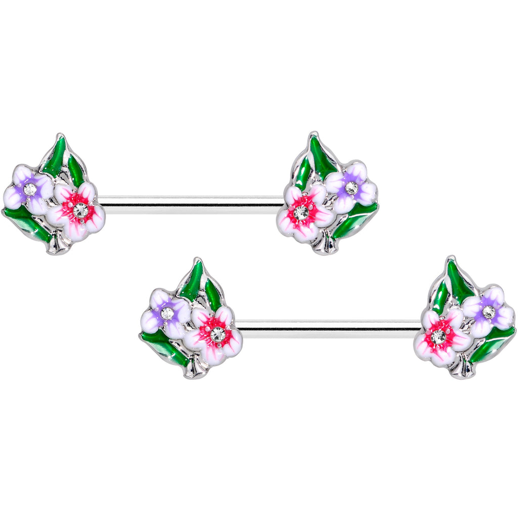 14G 9/16 Clear Gem Fanciful Flowers Barbell Nipple Ring Set