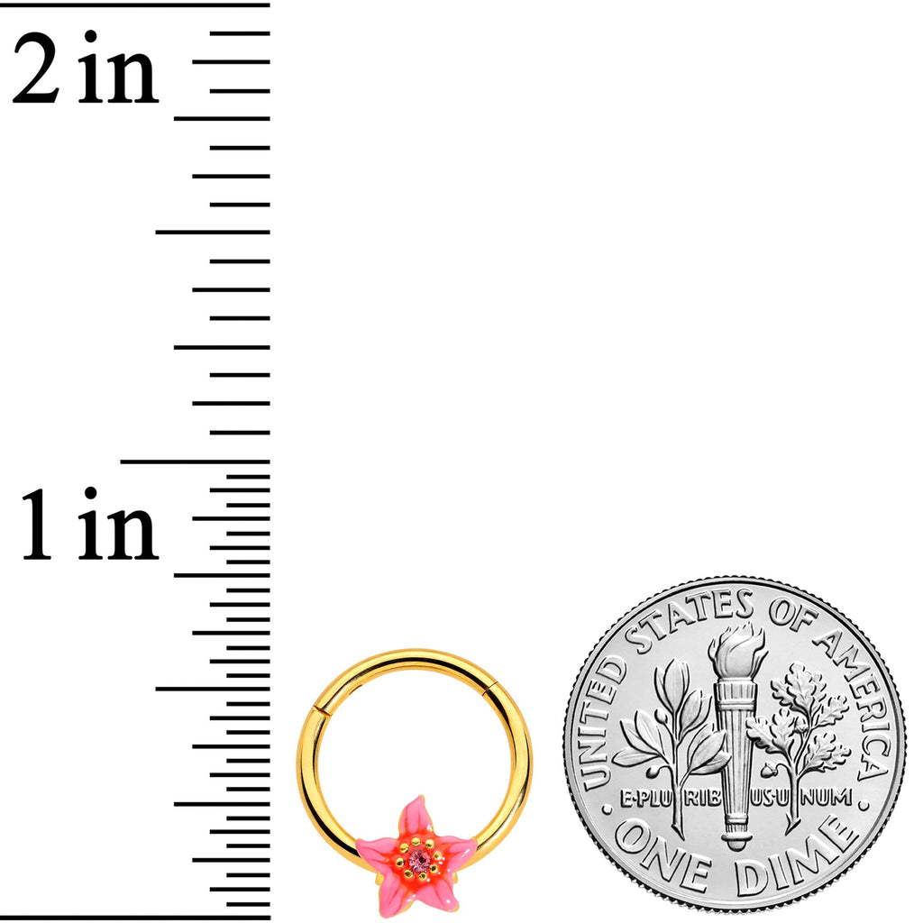 16G 3/8 Pink Gem Gold Tone Exotic Floral Star Hinged Segment Ring