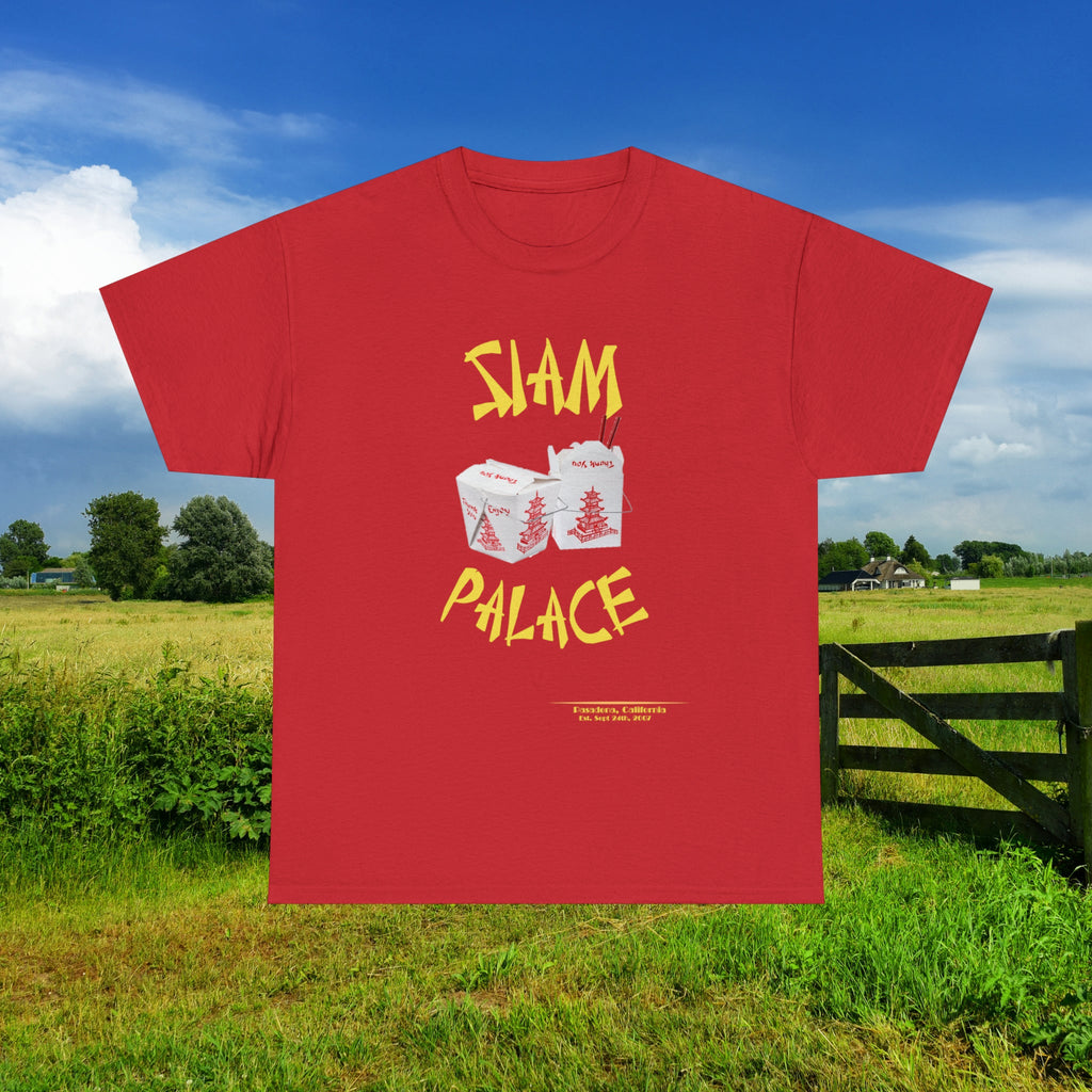 "DirkyThreadz Siam Palace T-Shirt – Mutiges Take-out-Grafikdesign aus schwarzer Baumwolle"