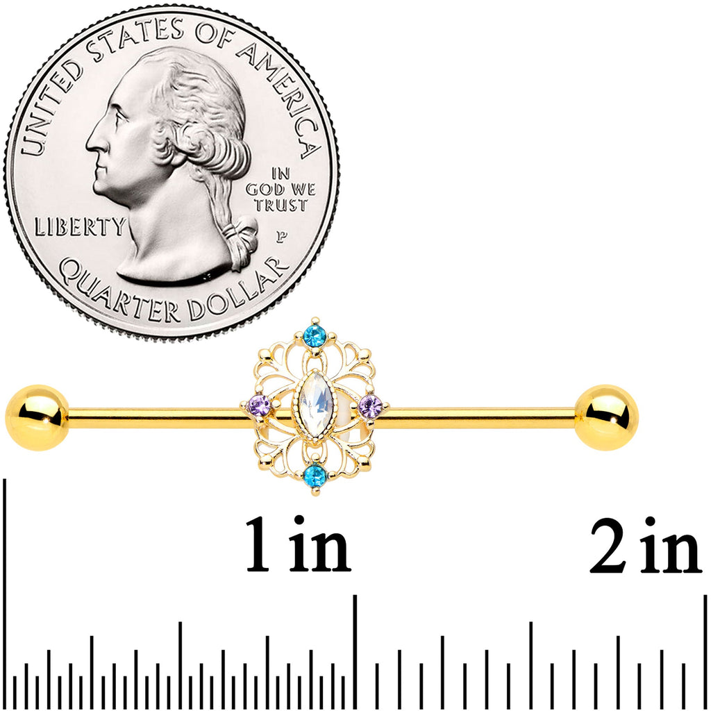 14G White Synthetic Opal Gold Tone Web Industrial Barbell 38mm