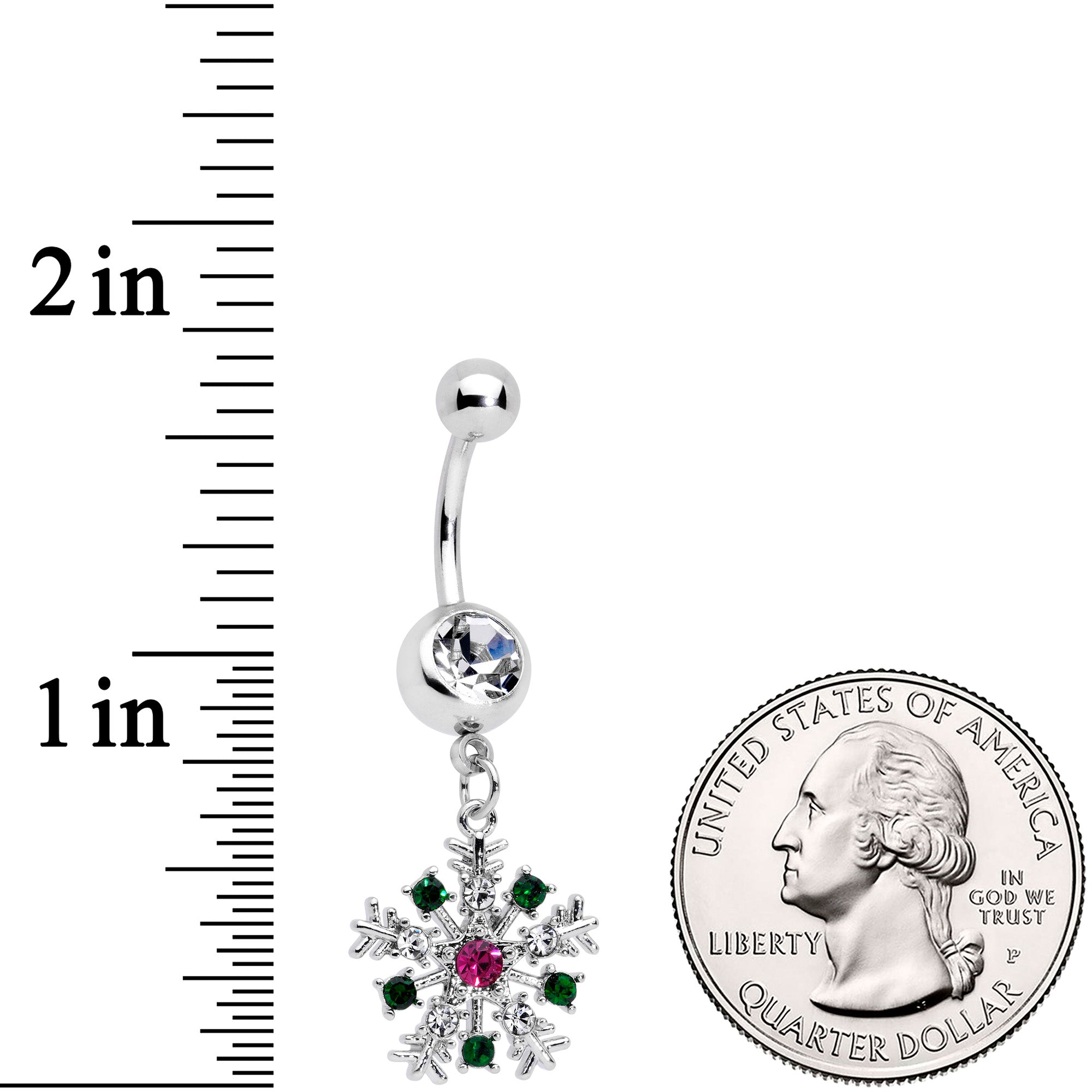 Clear Pink Green Gem Snowflake Holiday Dangle Belly Ring