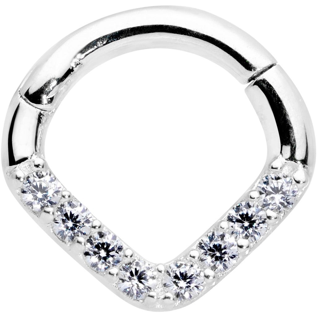 16G 1/4 14k White Gold Clear CZ Gem Chevron Hinged Segment Ring
