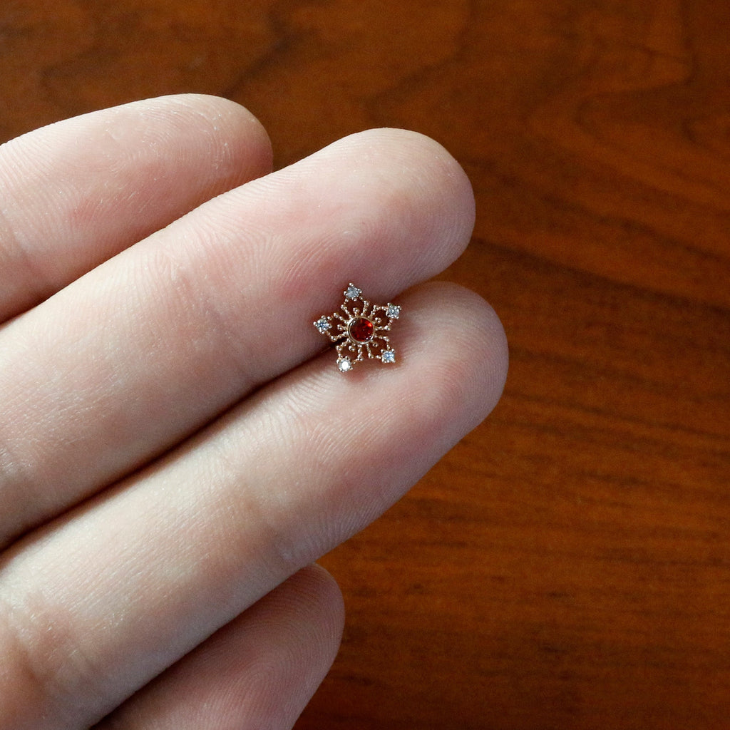 16G 5/16 Red Gem Rose Gold Tone Texture Snowflake Labret Tragus