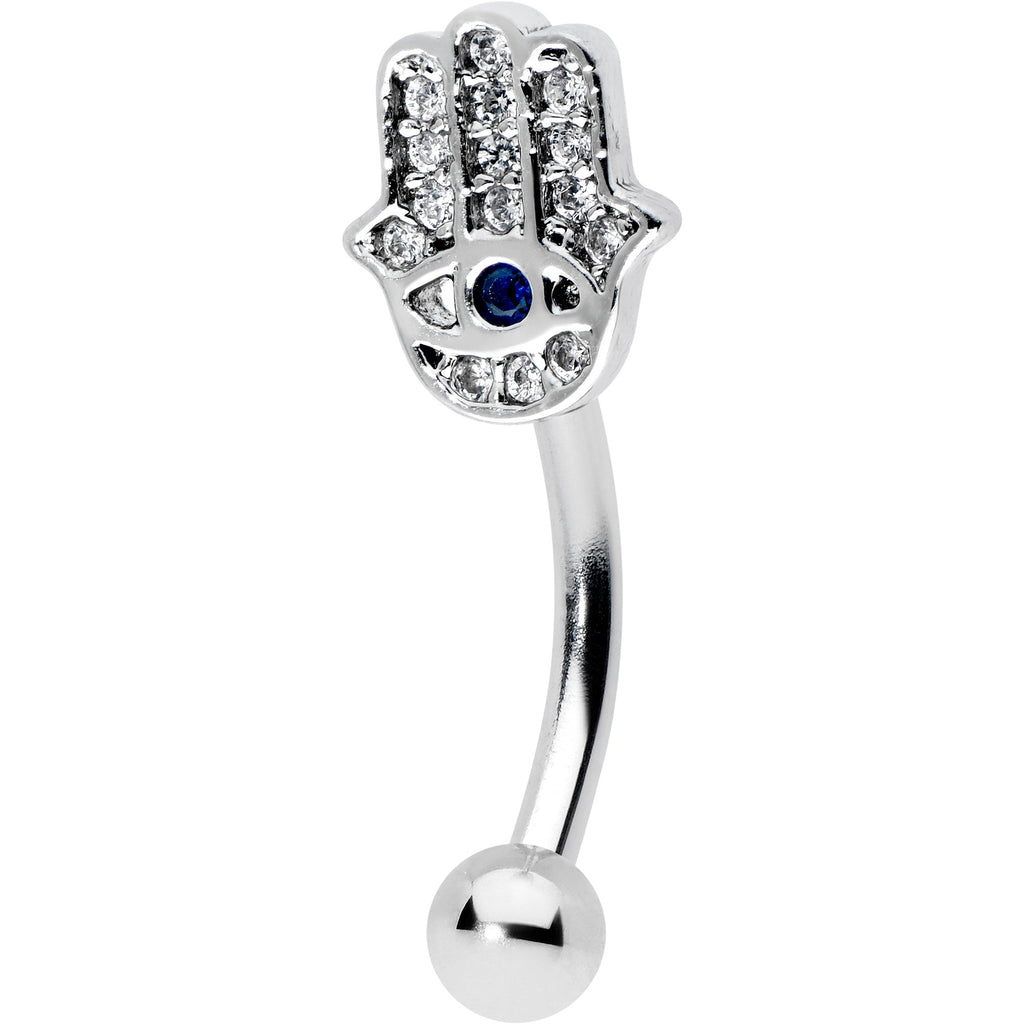 16G 5/16 Clear Blue Gem Eye Hamsa Hand Curved Eyebrow Ring