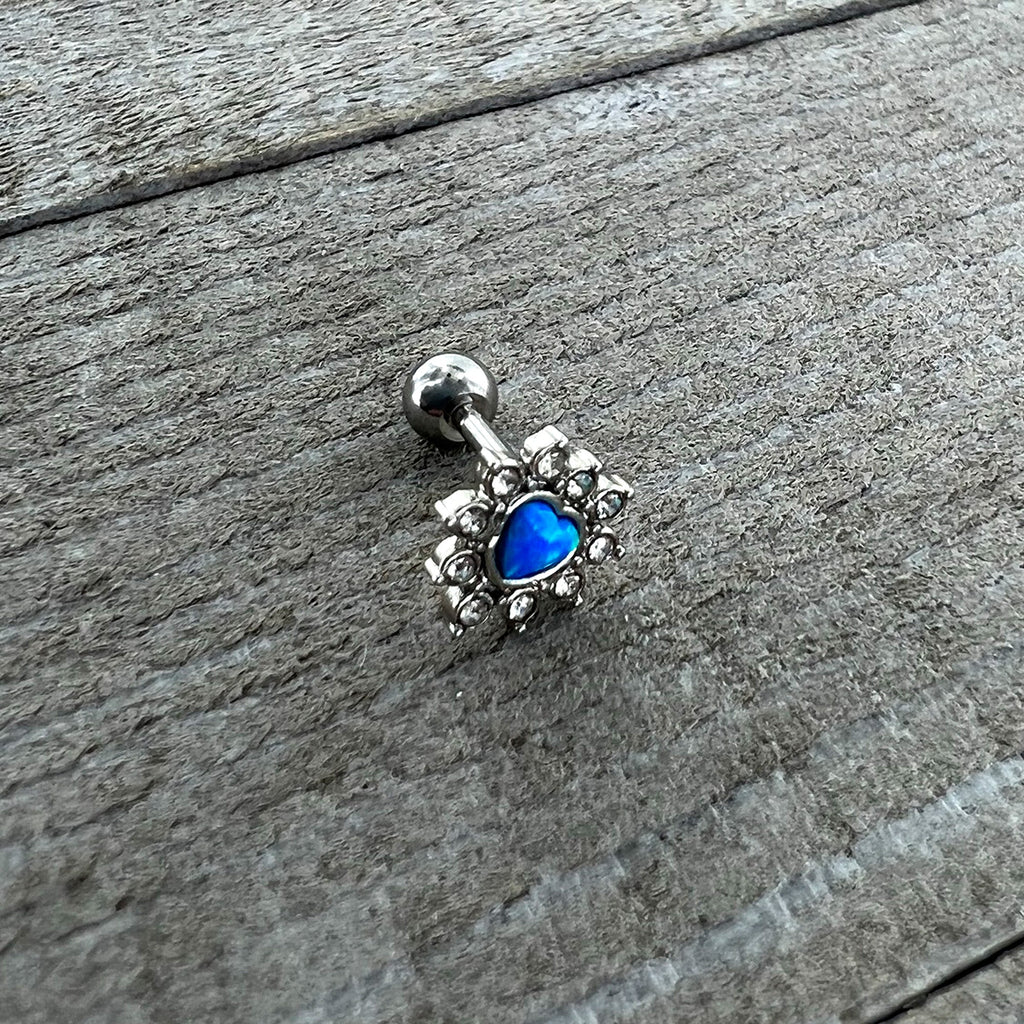 16G 1/4 Blue Faux Opal Sun Heart Cartilage Tragus Earring