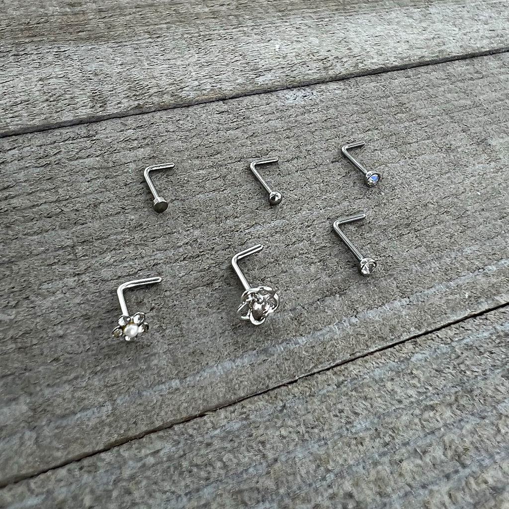 20G 1/4 Aurora Clear CZ Gem Flower L Shape Nose Ring Set of 6